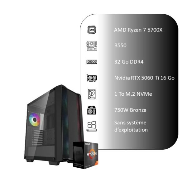 II.06 PC Gamer - NVIDIA RTX 5060 Ti 16 Go - AMD Ryzen 7 5700X - 1 To SSD NVMe - 32 Go RAM