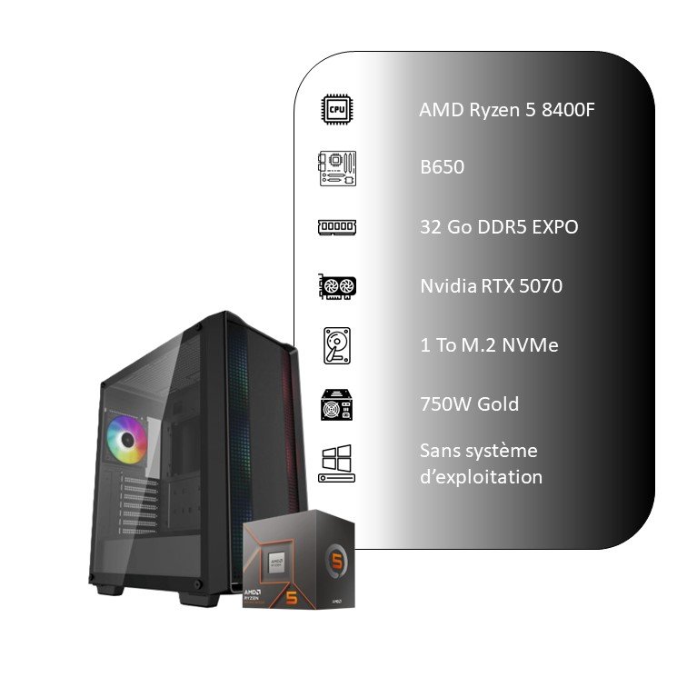 III.04 PC Gamer - NVIDIA RTX 5070 - AMD Ryzen 5 8400F - 1 To SSD NVMe - 32 Go RAM